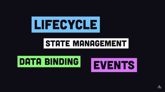 state management, data binding, events and life cycle