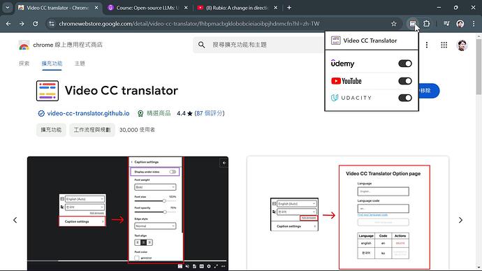 Video CC translator - Setting on Browser