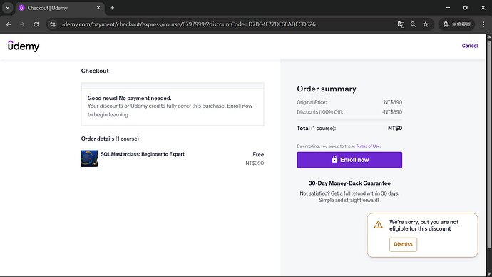We're sorry. but you are not eligible for this discount