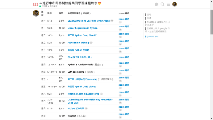 進行中和即將開始的共同學習課程總表 2024-10-26