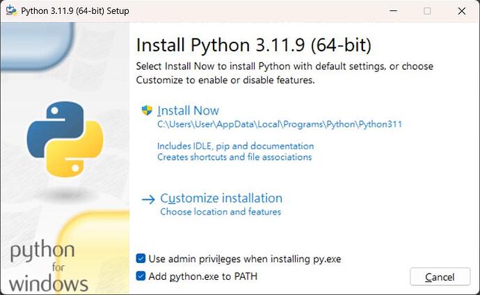 安裝 Python 請勾選 Add python.exe to PATH