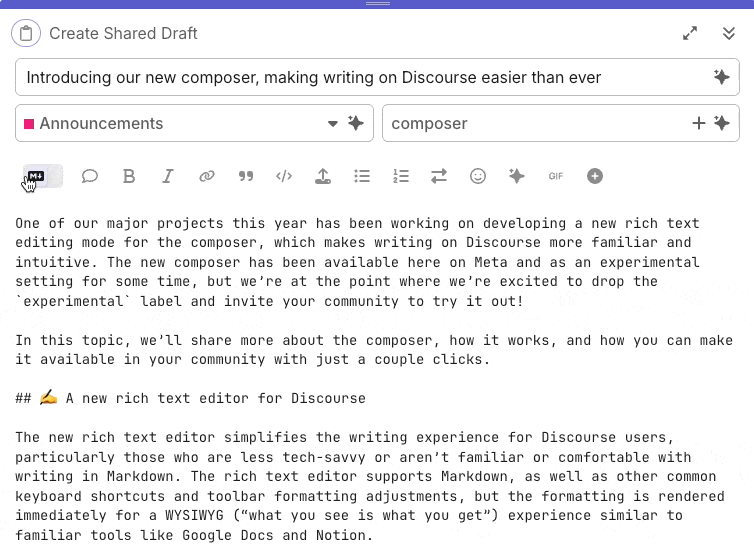 switch between the classic Markdown mode and the new rich text editor